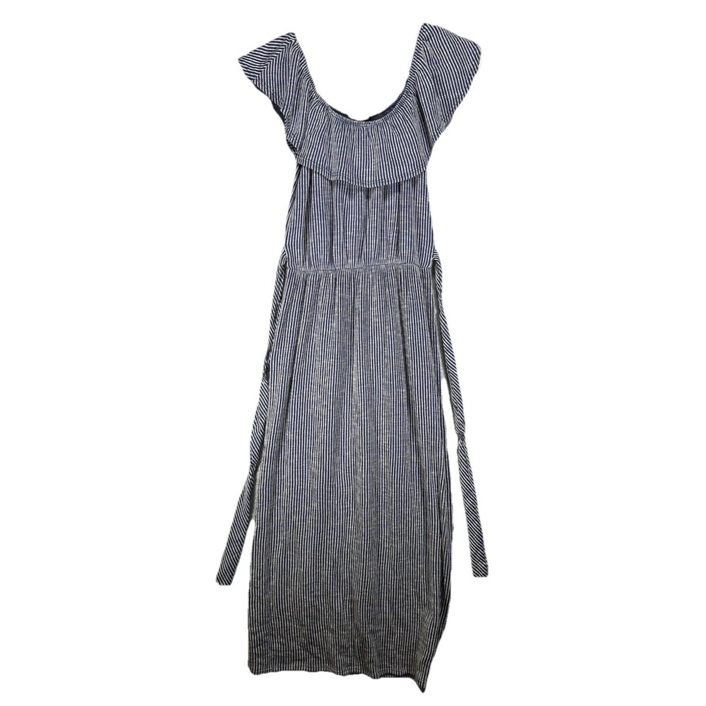 Caution ToThe Wind Cottage Core Midi Dress Blue White Stripe Ruffle Collar Sz Sm
